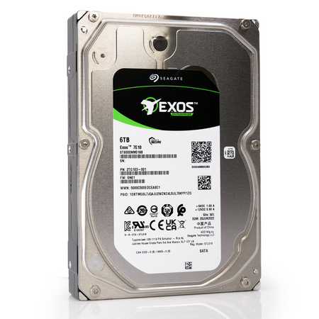 Seagate Exos ST6000NM019B 6TB 7200K RPM SATA 6Gb/s 3.5in Hard Drive front tilt.