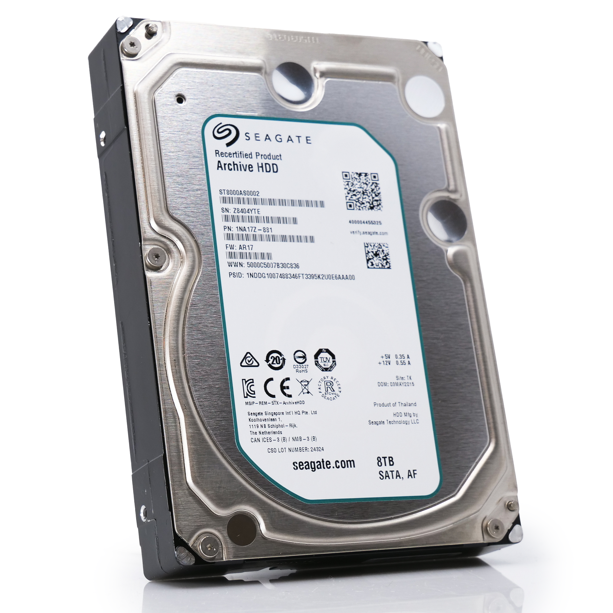 Seagate Archive ST8000AS0002 8TB 5.9K RPM SATA 6Gb/s 128MB 3.5" Manufacturer Recertified HDD front angle