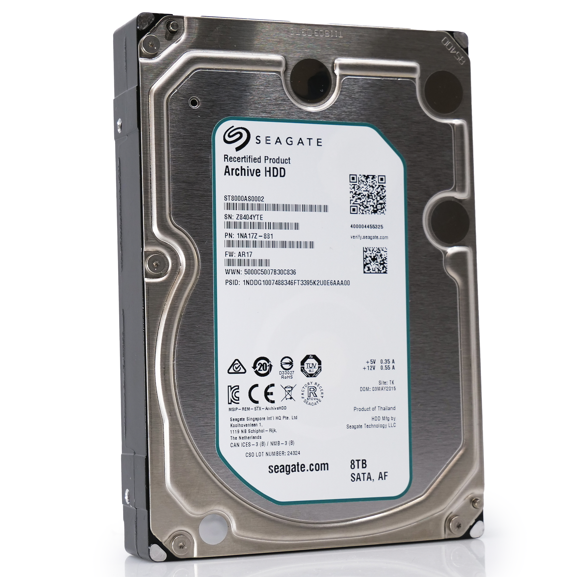 Seagate Archive ST8000AS0002 8TB 5.9K RPM SATA 6Gb/s 128MB 3.5" Manufacturer Recertified HDD front angle 2