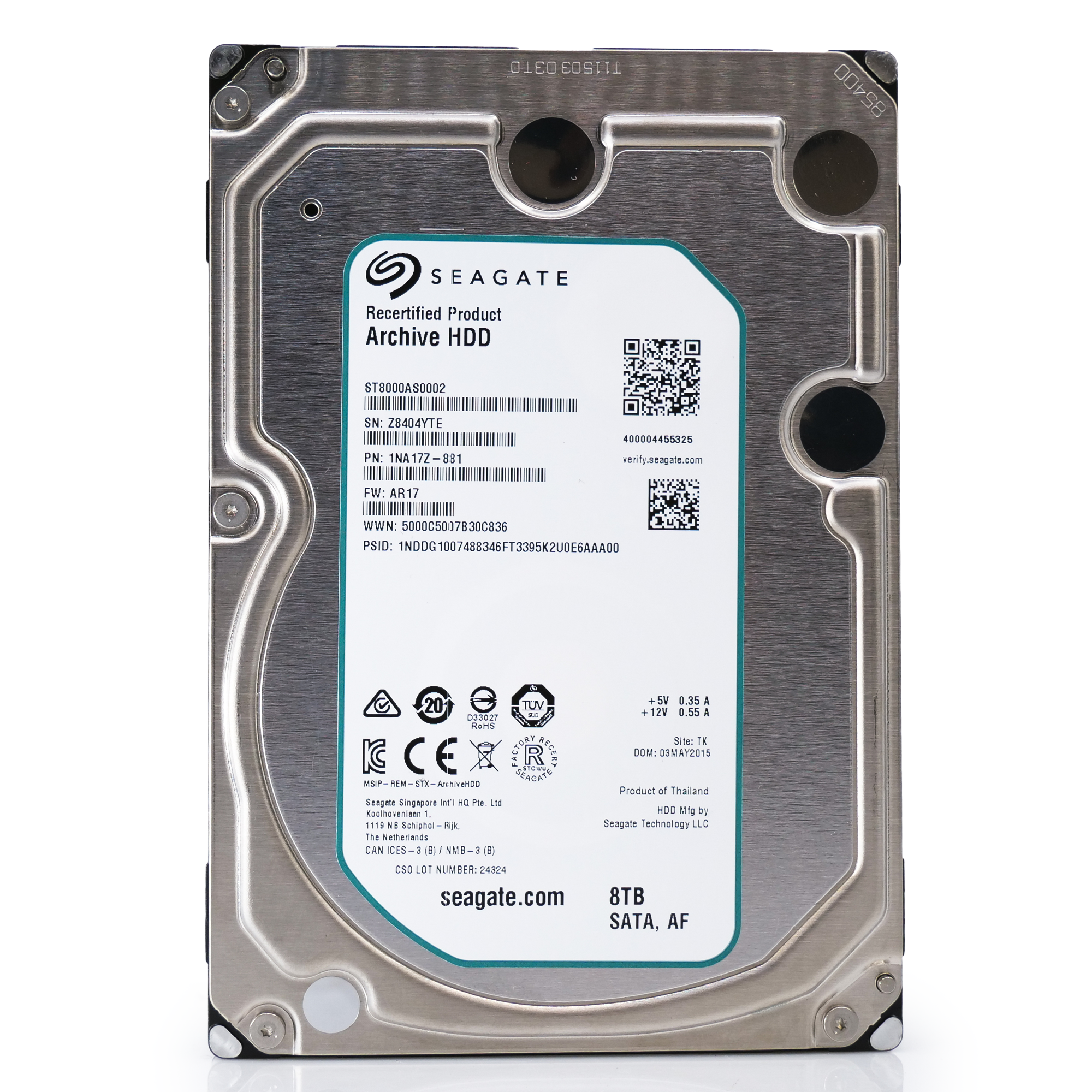 Seagate Archive ST8000AS0002 8TB 5.9K RPM SATA 6Gb/s 128MB 3.5" Manufacturer Recertified HDD front