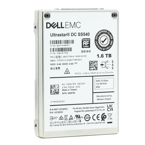 Dell Ultrastar DC SS540 6NF96 WUSTR6416BSS200 1.6TB SAS 12Gb/s 3DWPD Mixed Use 2.5in Recertified Solid State Drive