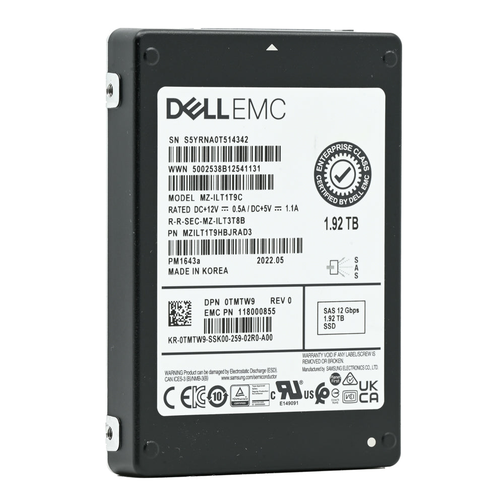 Dell PM1643a TMTW9 MZILT1T9HBJRAD3 1.92TB SAS 12Gb/s 1DWPD Read Intensive 2.5in Solid State Drive