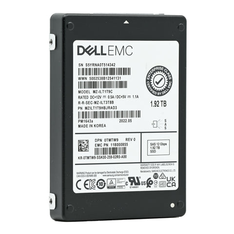 Dell PM1643a TMTW9 MZILT1T9HBJRAD3 1.92TB SAS 12Gb/s 1DWPD Read Intensive 2.5in Recertified Solid State Drive