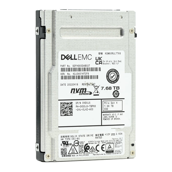 Dell CM6 VD0JX KCM6XRUL7T68 7.68TB PCIe Gen 4.0 x4 8GB/s U.2 NVMe 1DWPD Read Intensive 2.5in Solid State Drive