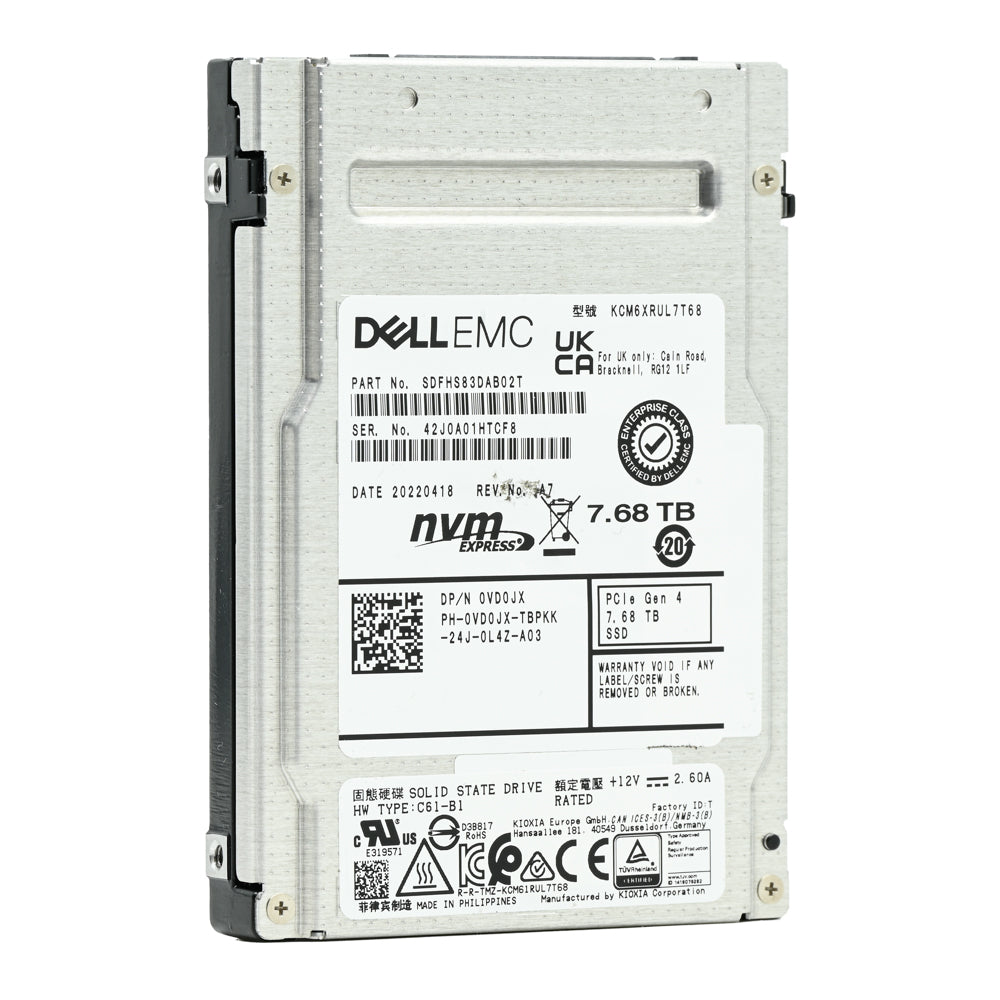 Dell CM6 VD0JX KCM6XRUL7T68 7.68TB PCIe Gen 4.0 x4 8GB/s U.2 NVMe 1DWPD Read Intensive 2.5in Solid State Drive
