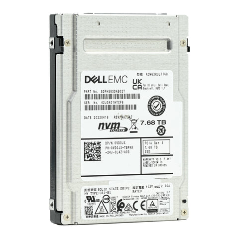 Dell CM6 VD0JX KCM6XRUL7T68 7.68TB PCIe Gen 4.0 x4 8GB/s U.2 NVMe 1DWPD Read Intensive 2.5in Recertified Solid State Drive