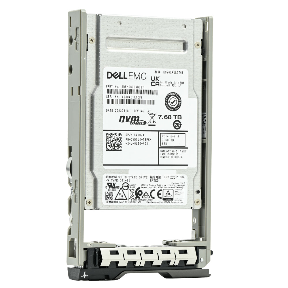 Dell G13 VD0JX KCM6XRUL7T68 7.68TB PCIe Gen 4.0 x4 8GB/s U.2 NVMe 1DWPD Read Intensive 2.5in Recertified Solid State Drive