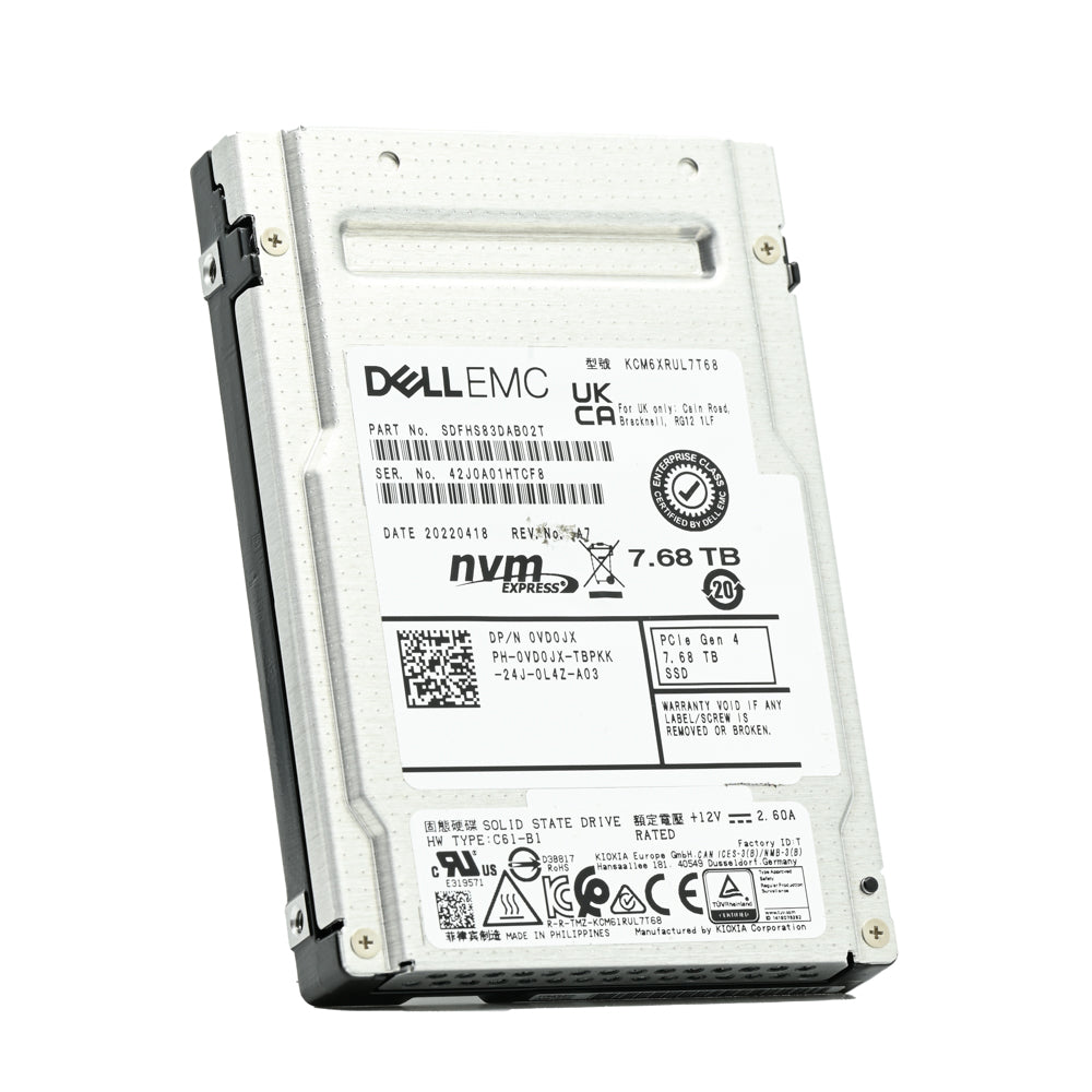 Dell CM6 VD0JX KCM6XRUL7T68 7.68TB PCIe Gen 4.0 x4 8GB/s U.2 NVMe 1DWPD Read Intensive 2.5in Solid State Drive