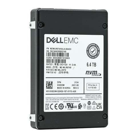 Dell PM1735 H8D5M MZWLR6T4HALA 6.4TB PCIe Gen 4.0 x4 8GB/s U.2 NVMe 3DWPD Mixed Use 2.5in Refurbished SSD
