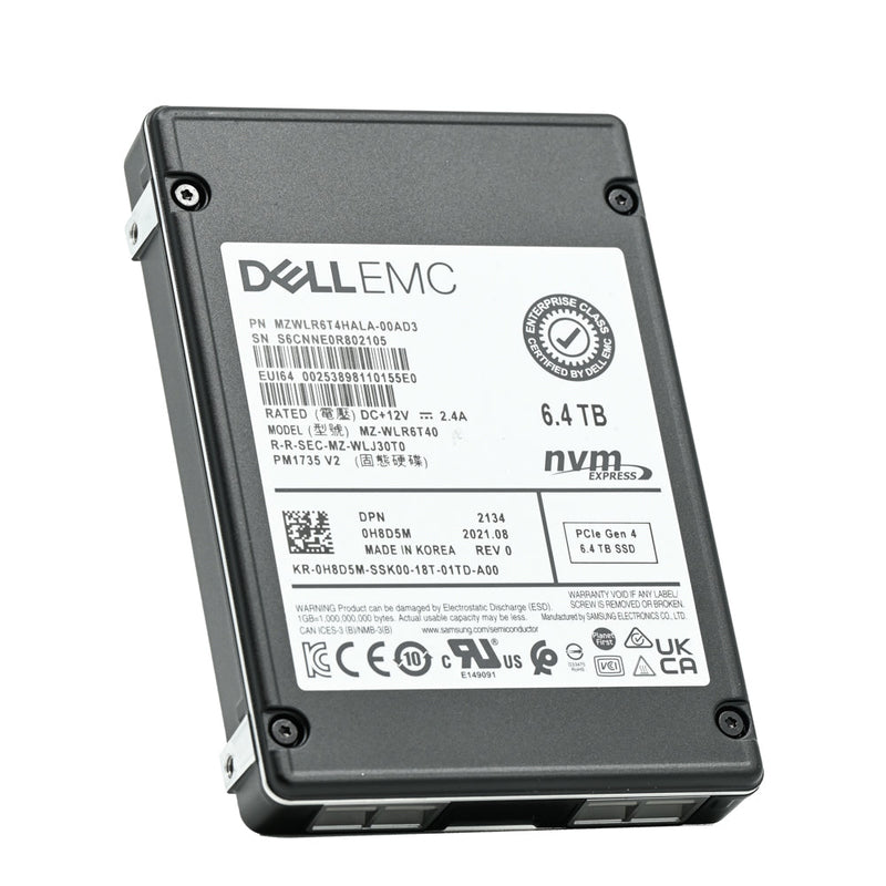 Dell PM1735 H8D5M MZWLR6T4HALA 6.4TB PCIe Gen 4.0 x4 8GB/s U.2 NVMe 3DWPD Mixed Use 2.5in Refurbished SSD