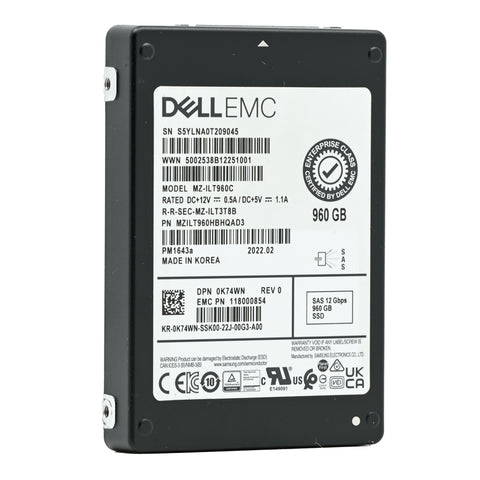 Dell PM1643a K74WN MZILT960HBHQAD3 960GB SAS 12Gb/s 1DWPD Read Intensive 2.5in Refurbished SSD