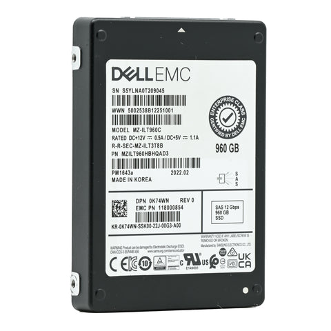 Dell PM1643a K74WN MZILT960HBHQAD3 960GB SAS 12Gb/s 1DWPD Read Intensive 2.5in Recertified Solid State Drive