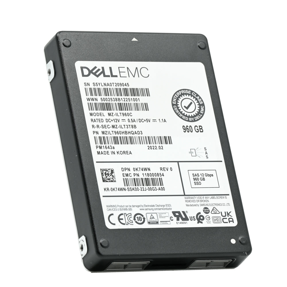 Dell PM1643a K74WN MZILT960HBHQAD3 960GB SAS 12Gb/s 1DWPD Read Intensive 2.5in Solid State Drive