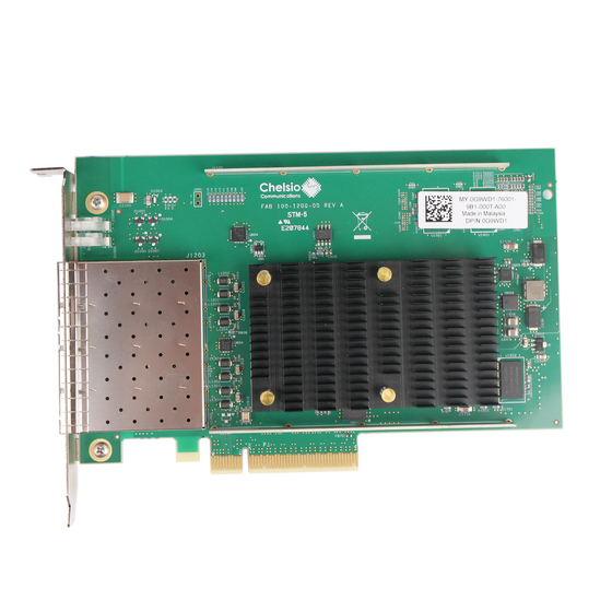 Chelsio quad-port SFP+ PCIe network adapter card.