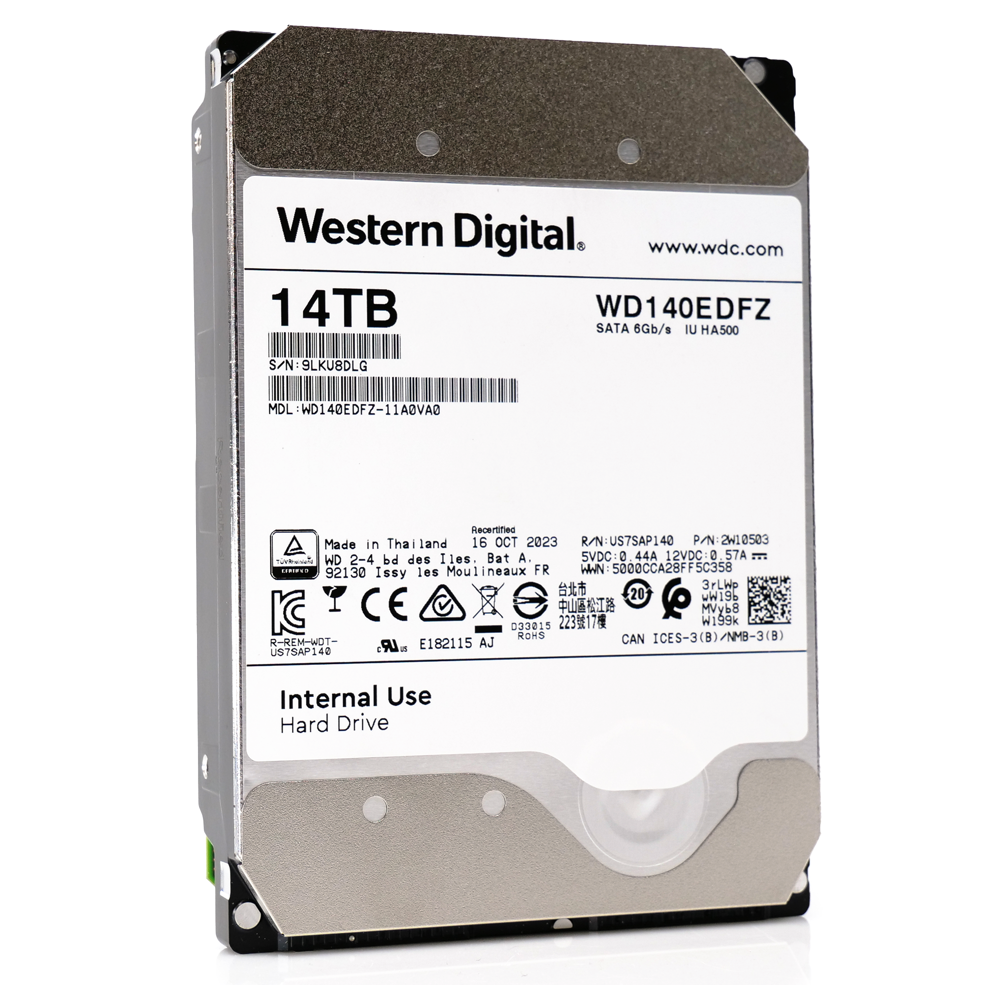 Western Digital Internal Use WD140EDFZ 14TB 5.4K RPM SATA 6Gb/s 512e NAS 3.5in Recertified Hard Drive - Front View