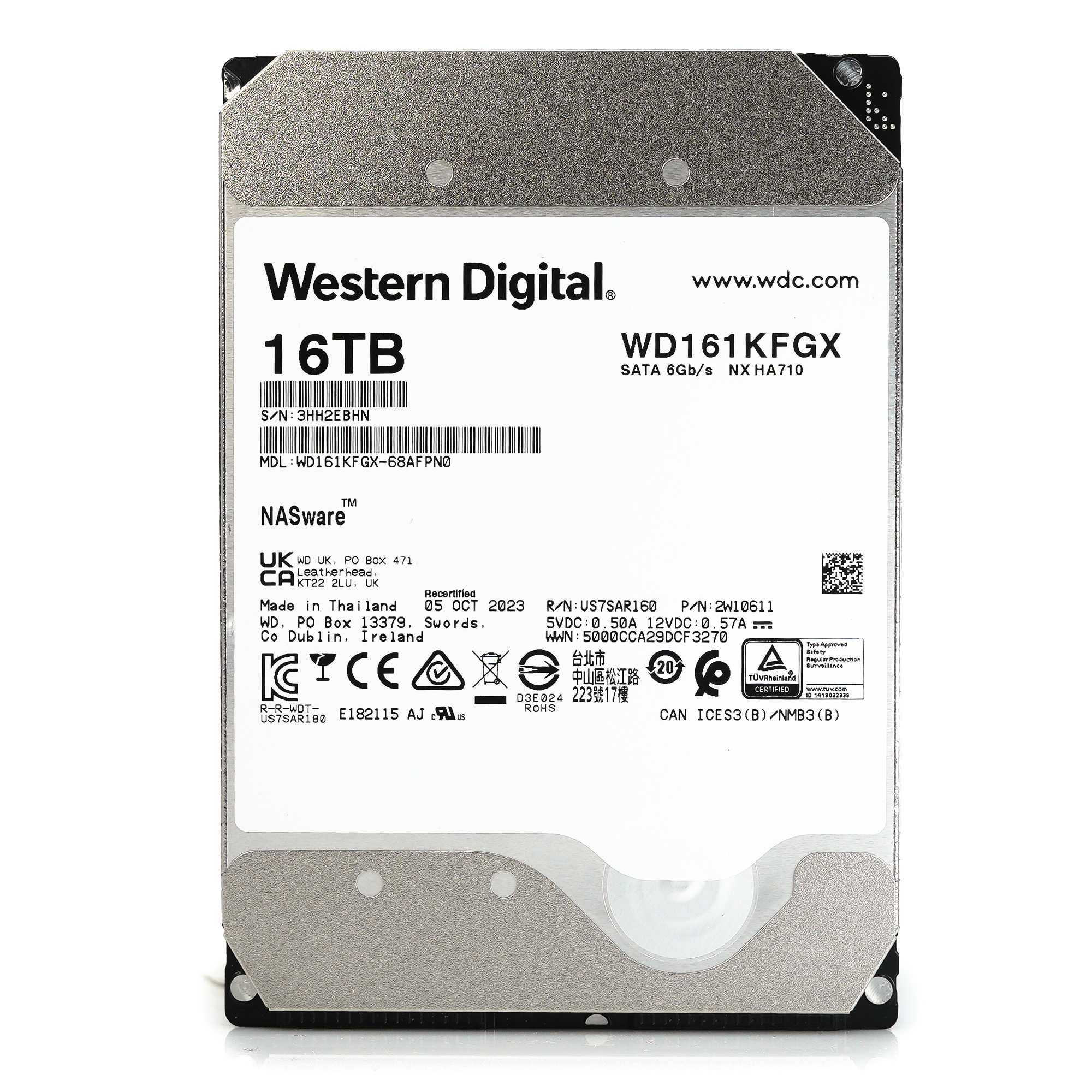 Western Digital Red Pro WD161KFGX 16TB 7.2K RPM SATA 6Gb/s 512e Enterprise NAS 3.5in Recertified Hard Drive - Front View