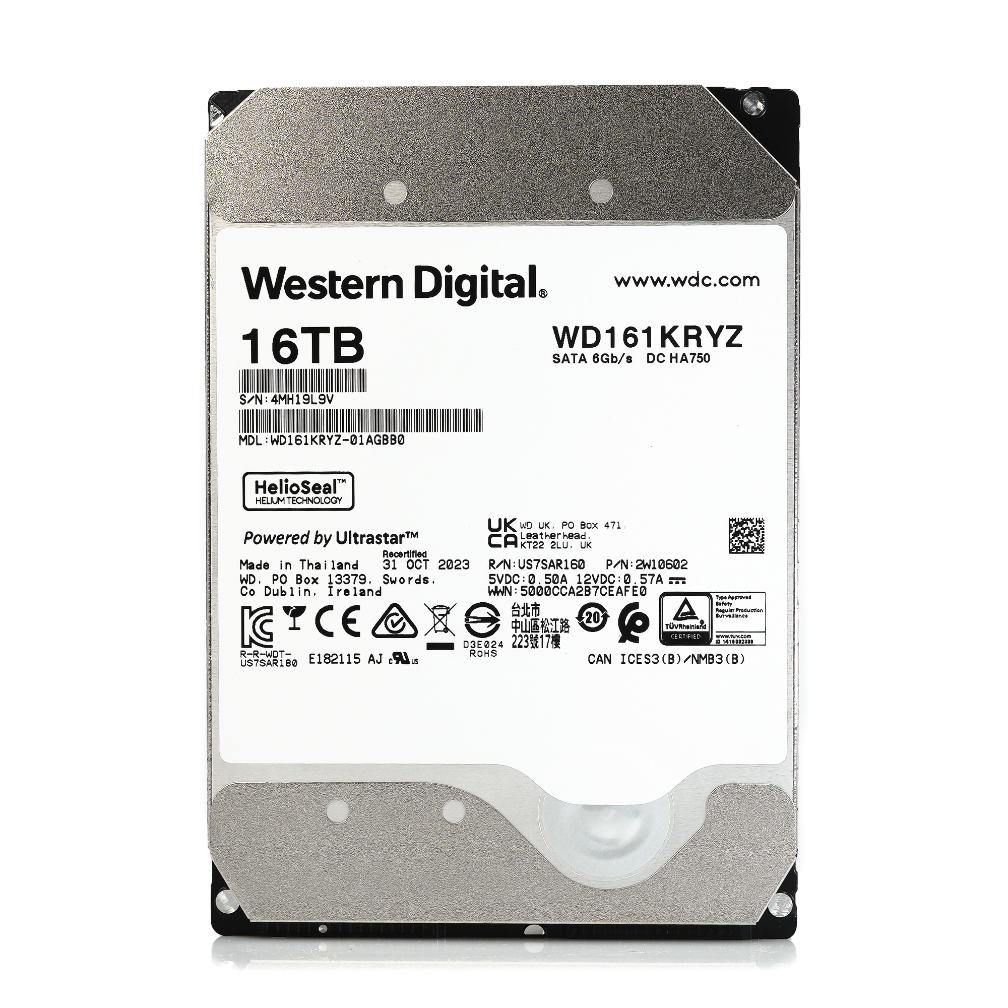 Western Digital Gold WD161KRYZ 16TB 7.2K RPM SATA 6Gb/s 512e Enterprise 3.5in Recertified Hard Drive - Front View