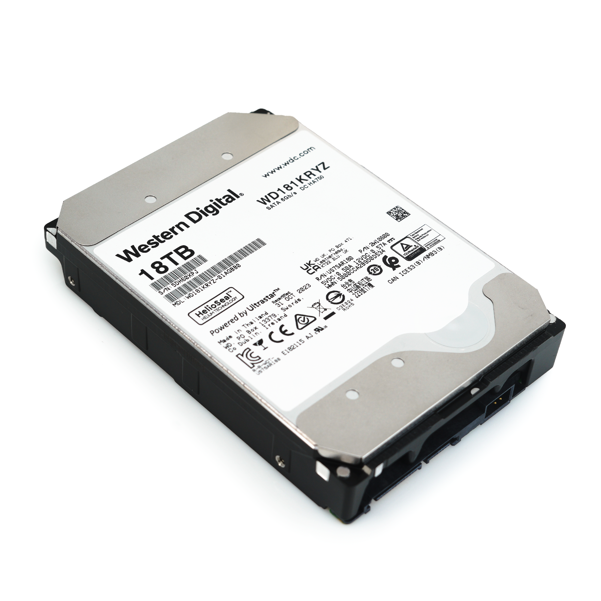 Western Digital Gold WD181KRYZ 18TB 7.2K RPM SATA 6Gb/s 512e Enterprise 3.5in Recertified Hard Drive - Flat View