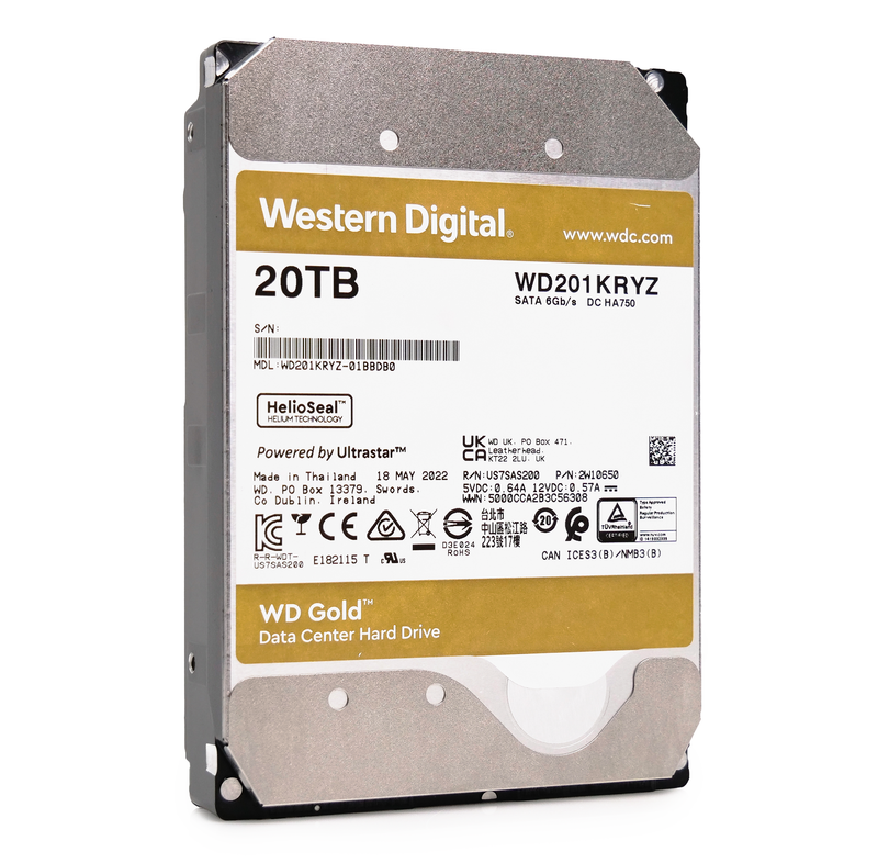 Western Digital Gold WD201KRYZ 20TB 7.2K RPM SATA 6Gb/s 512e CMR 3.5in Refurbished HDD