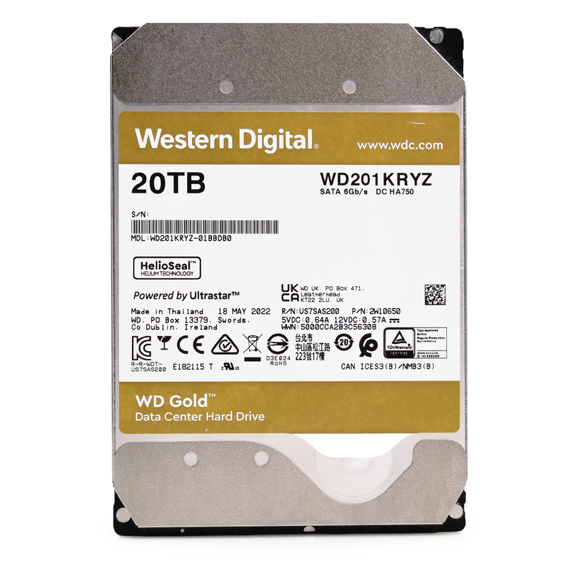Western Digital Gold WD201KRYZ 20TB 7.2K RPM SATA 6Gb/s 512e CMR 3.5in Refurbished HDD