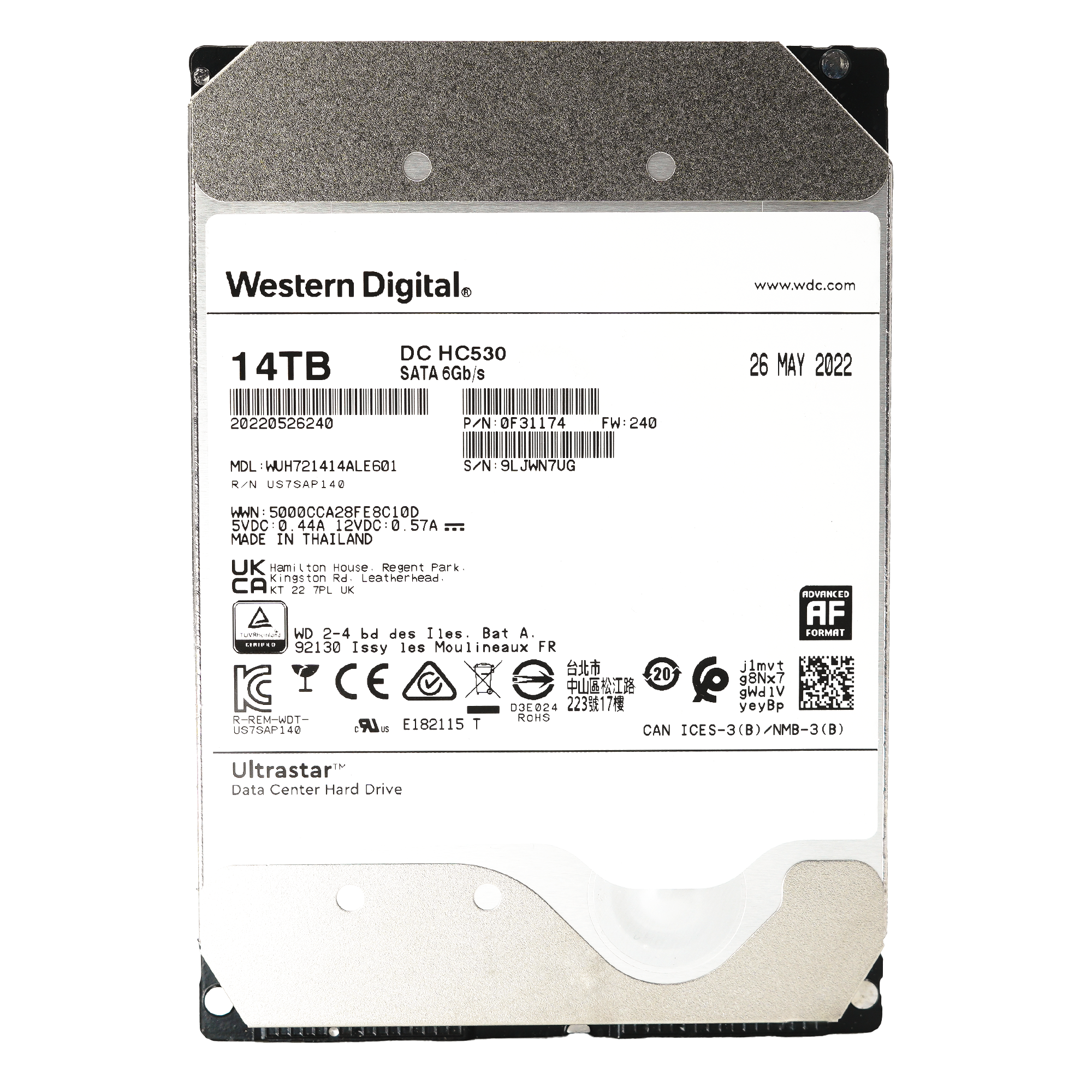 Western Digital Ultrastar DC HC530 WUH721414ALE601 14TB 7.2K RPM SATA 6Gb/s 3.5in Power Disable Refurbished HDD