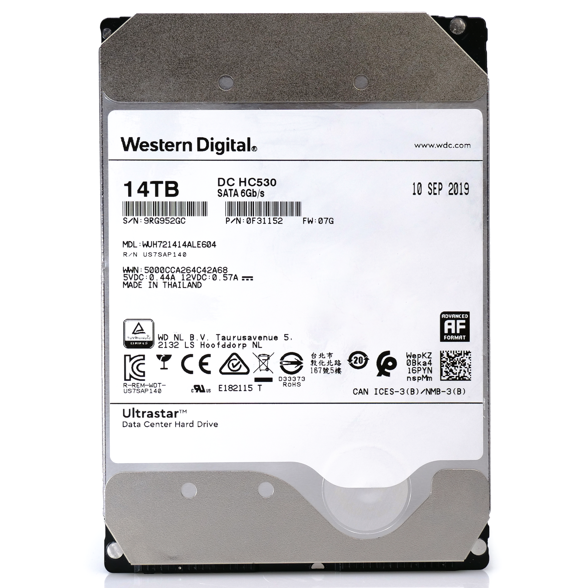 Western Digital Ultrastar DC HC530 WUH721414ALE604 14TB 7.2K RPM SATA 6Gb/s 512e 3.5in Refurbished HDD front.