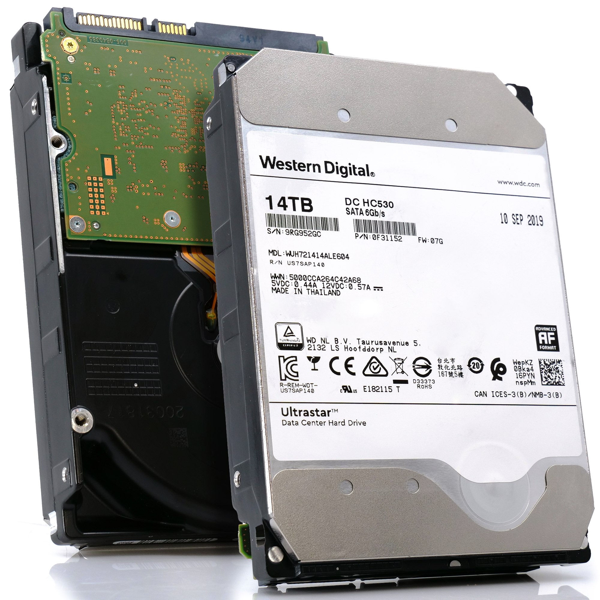 Western Digital Ultrastar DC HC530 WUH721414ALE604 14TB 7.2K RPM SATA 6Gb/s 512e 3.5in Refurbished HDD main image front and back.