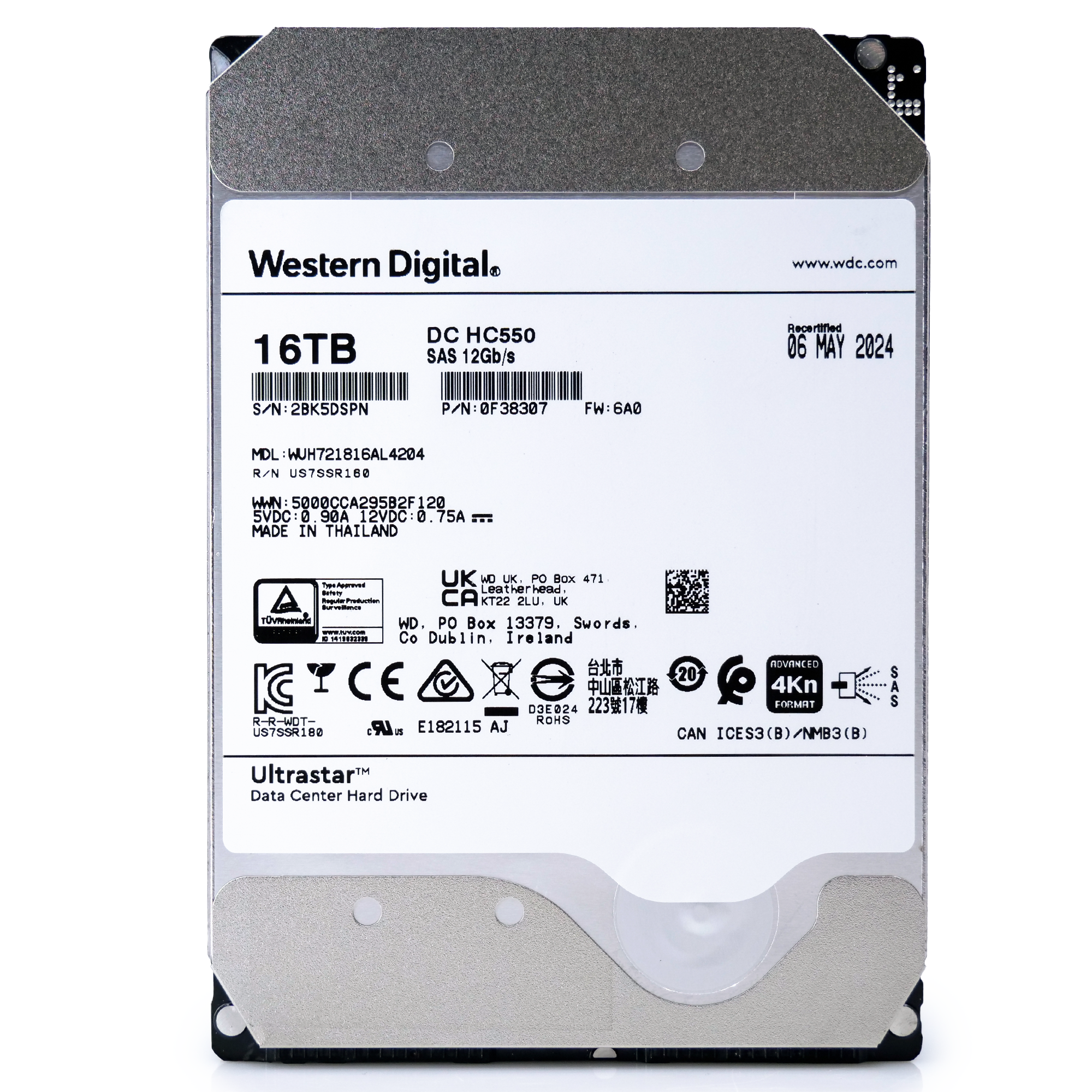 Western Digital Ultrastar HC550 WUH721816AL4204 0F38307 16TB 7.2K RPM SAS 12Gb/s 512e/4Kn 3.5in Recertified Hard Drive