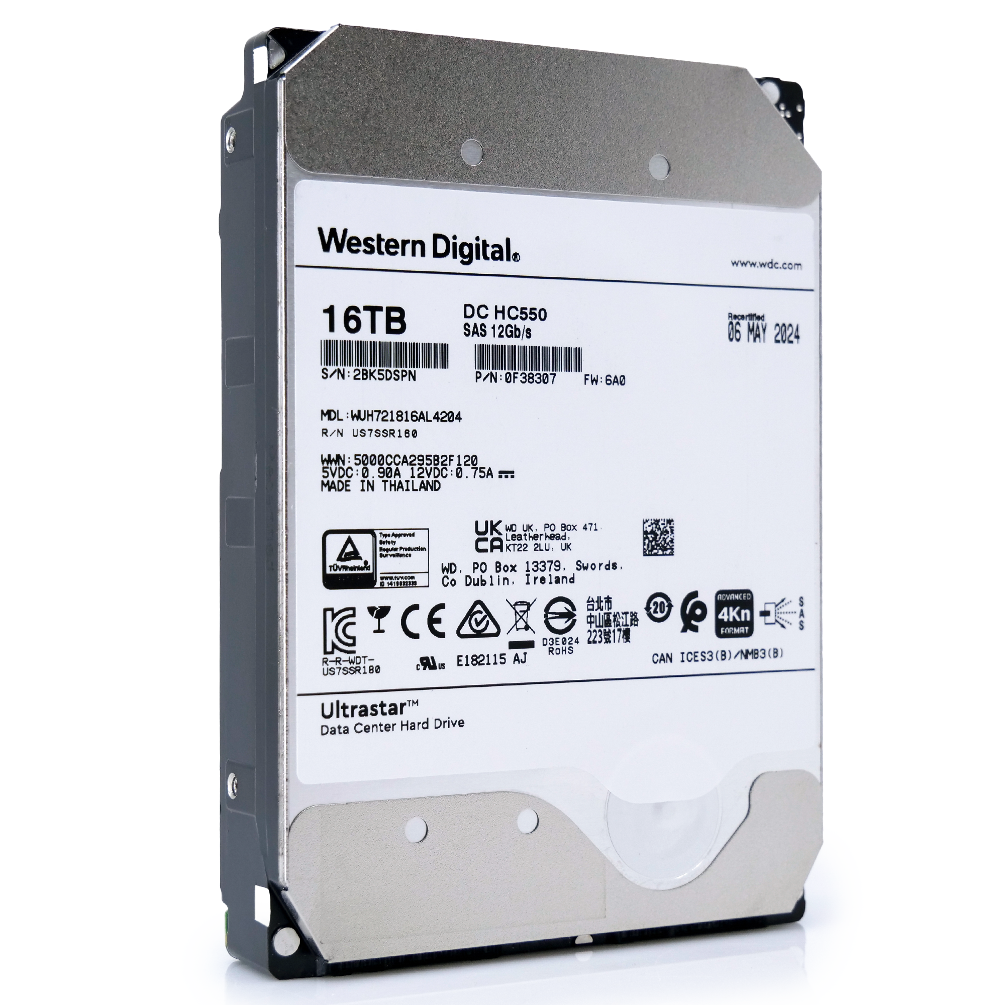 Western Digital Ultrastar HC550 WUH721816AL4204 0F38307 16TB 7.2K RPM SAS 12Gb/s 512e/4Kn 3.5in Recertified Hard Drive