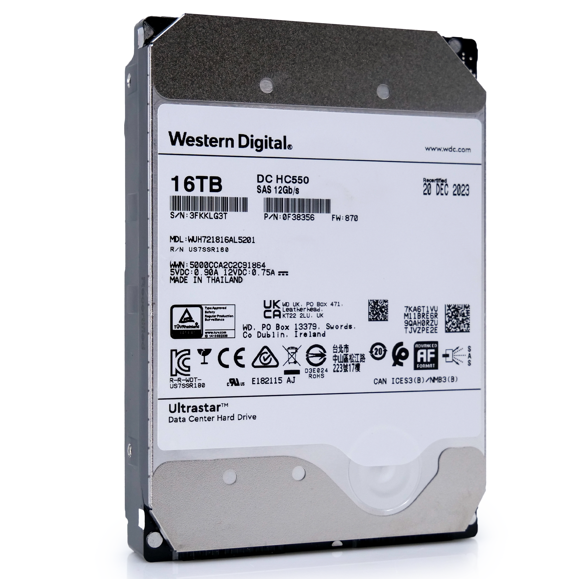 Western Digital Ultrastar HC550 WUH721816AL5201 0F38356 16TB 7.2K RPM SAS 12Gb/s 512e/4Kn SED 3.5in Recertified Hard Drive