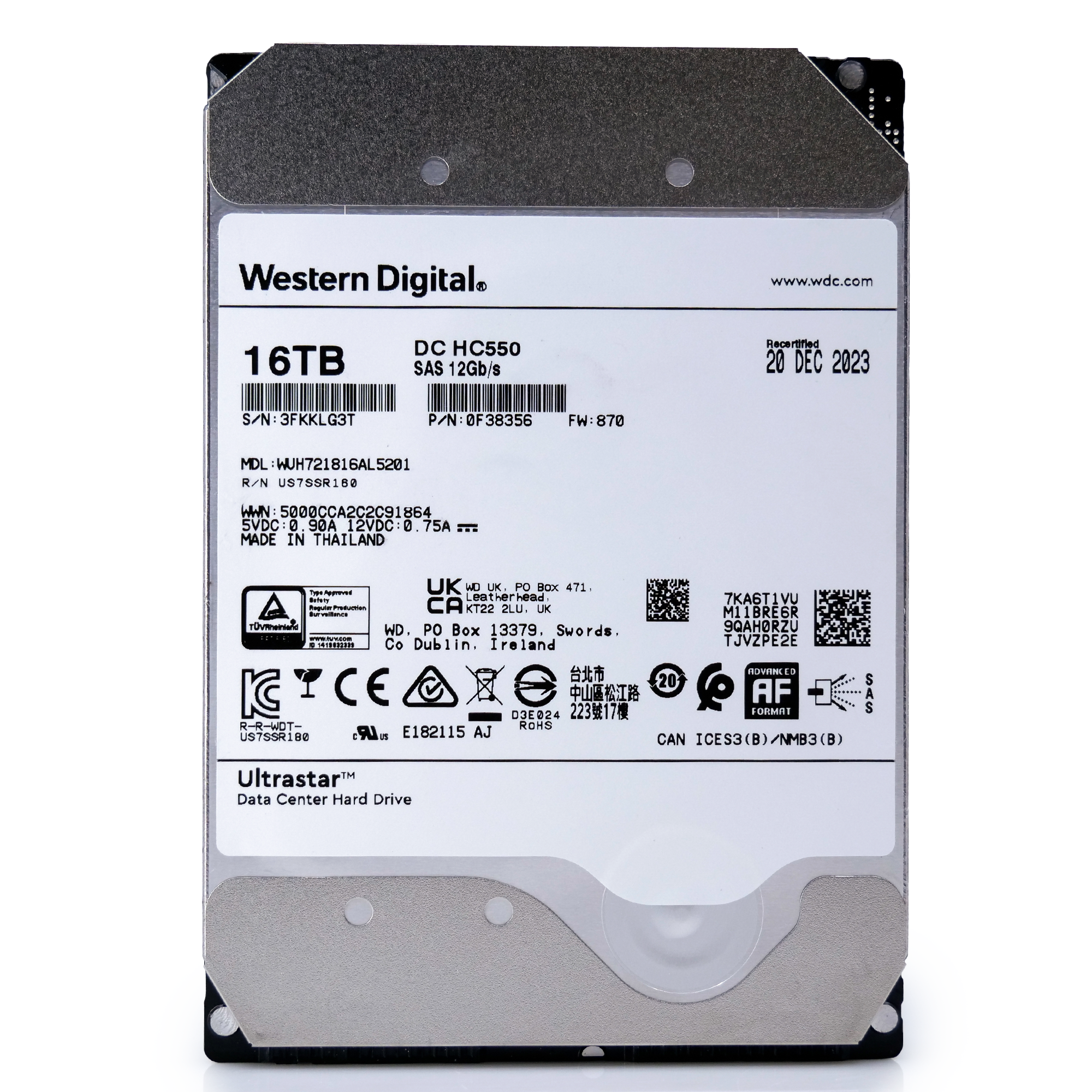 Western Digital Ultrastar HC550 WUH721816AL5201 0F38356 16TB 7.2K RPM SAS 12Gb/s 512e/4Kn SED 3.5in Recertified Hard Drive