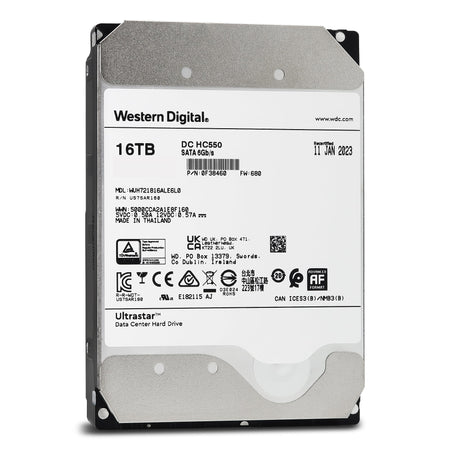 Western Digital Ultrastar DC HC550 WUH721816ALE6L0 0F38460 16TB 7.2K RPM SATA 6Gb/s 512e ISE 3.5in Recertified Hard Drive - Front View