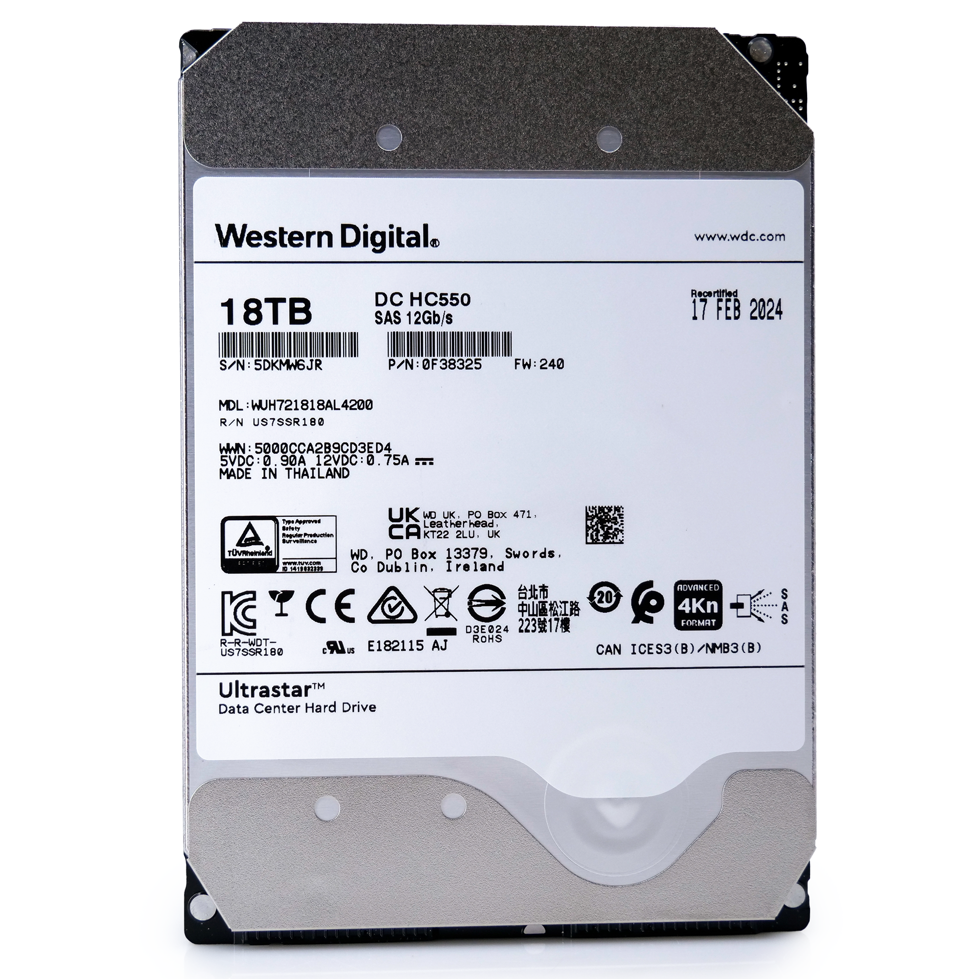 Western Digital Ultrastar HC550 WUH721818AL4200 0F38325 18TB 7.2K RPM SAS 12Gb/s 512e/4Kn 3.5in Recertified Hard Drive