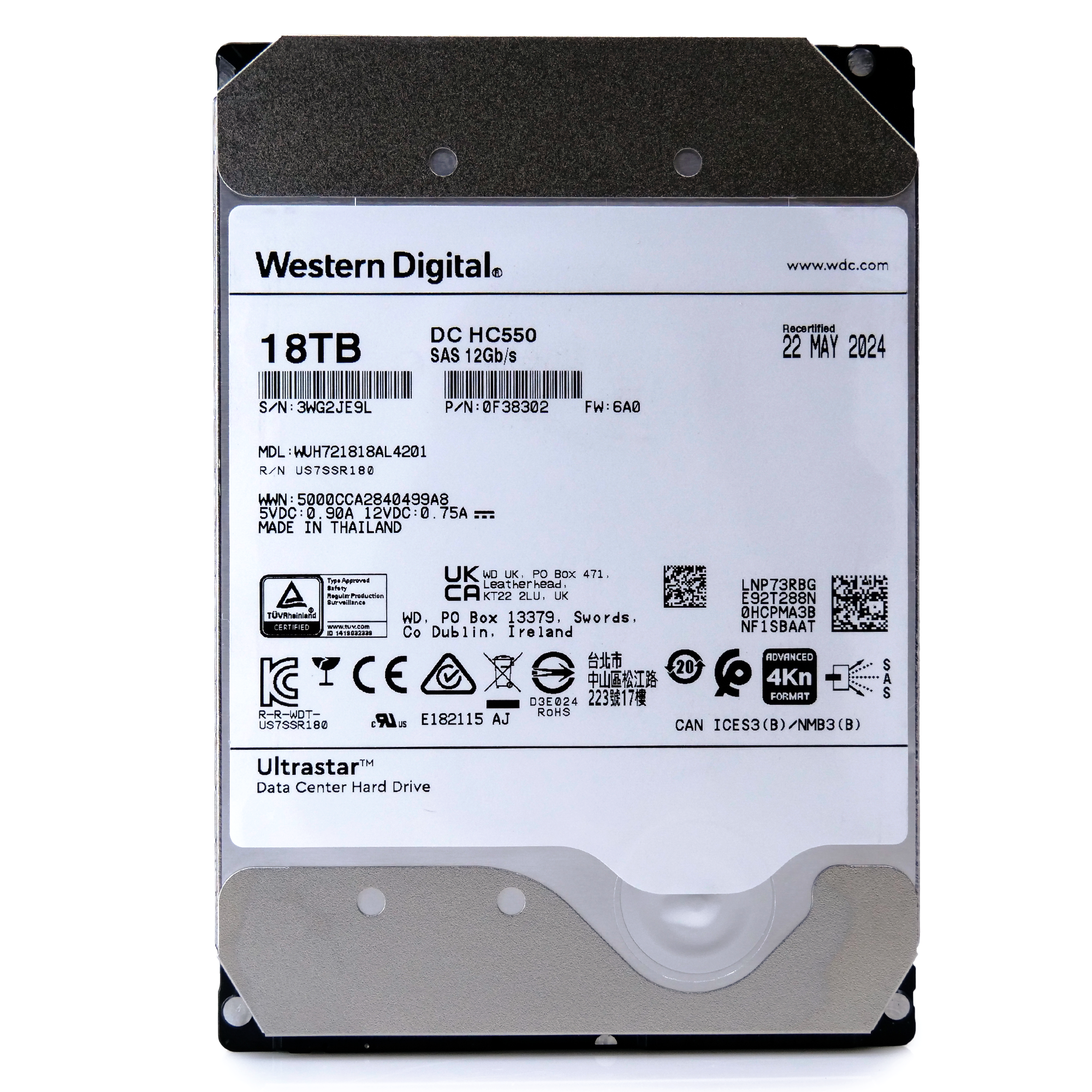 Western Digital Ultrastar HC550 WUH721818AL4201 0F38302 18TB 7.2K RPM SAS 12Gb/s 512e/4Kn 3.5in Recertified Hard Drive