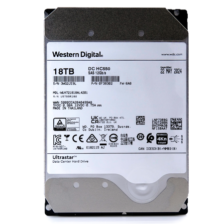Western Digital Ultrastar HC550 WUH721818AL4201 0F38302 18TB 7.2K RPM SAS 12Gb/s 4Kn 3.5in Recertified Hard Drive