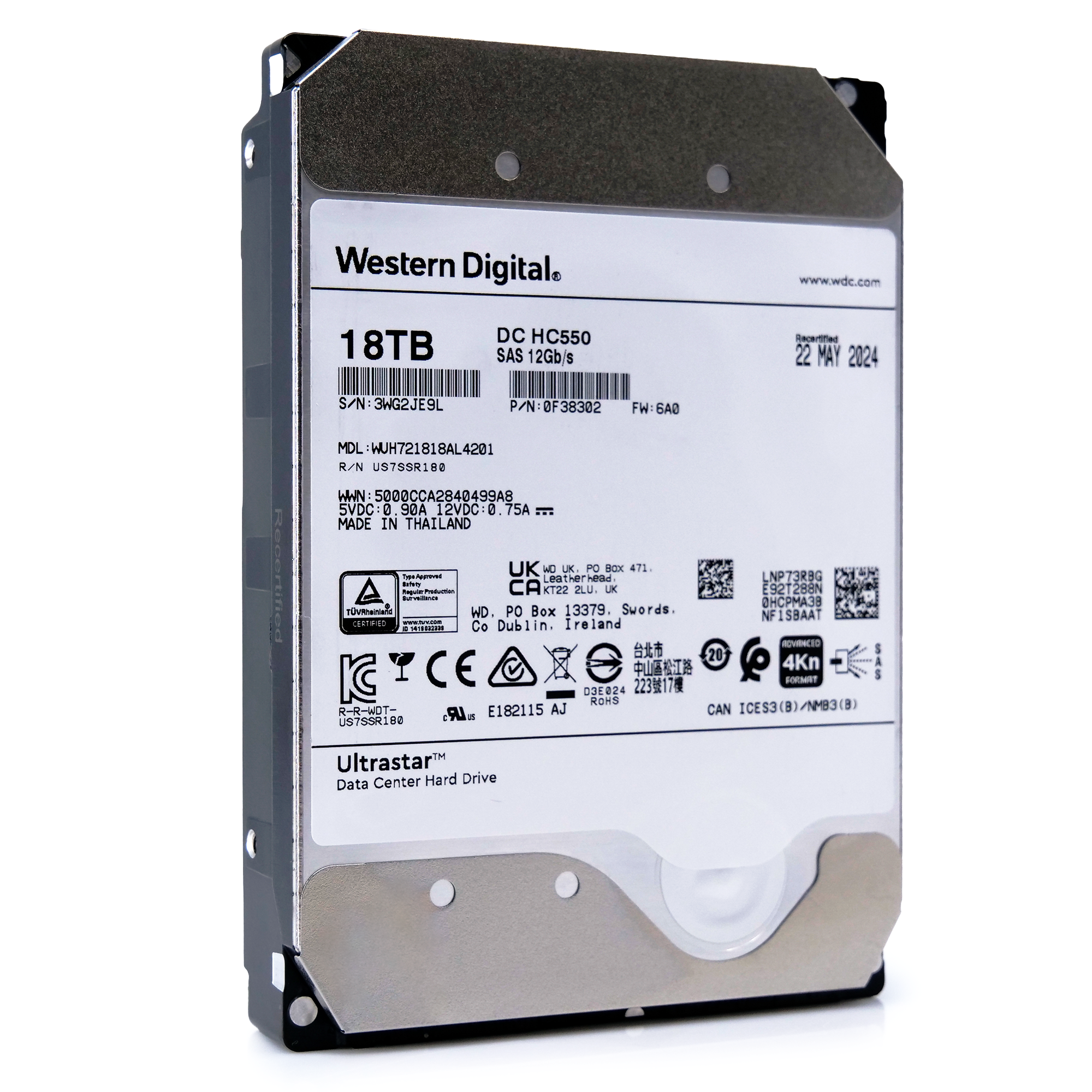 Western Digital Ultrastar HC550 WUH721818AL4201 0F38302 18TB 7.2K RPM SAS 12Gb/s 512e/4Kn 3.5in Recertified Hard Drive