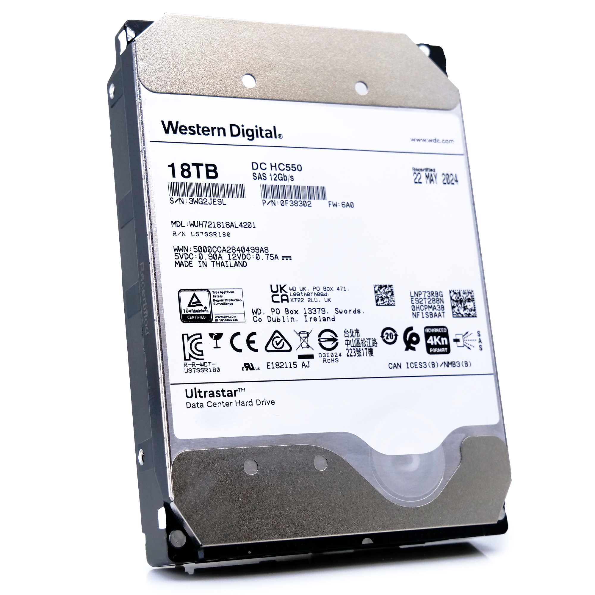 Western Digital Ultrastar HC550 WUH721818AL4201 0F38302 18TB 7.2K RPM SAS 12Gb/s 512e/4Kn 3.5in Recertified Hard Drive