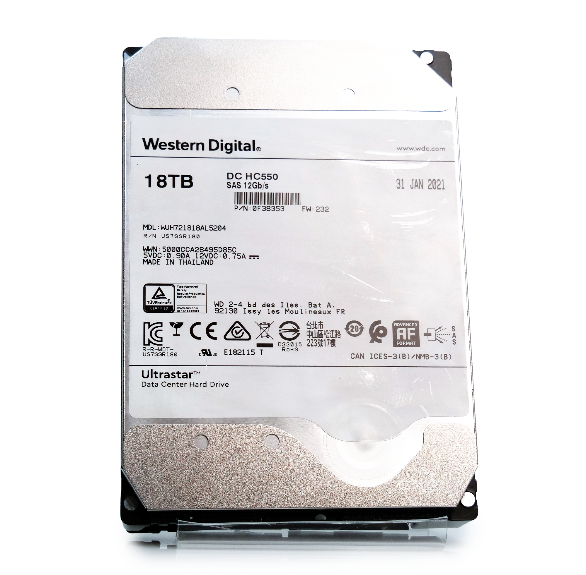 Western Digital Ultrastar DC HC550 WUH721818AL5204 0F38353 18TB 7.2K RPM SAS 12Gb/s 512e 3.5in Refurbished HDD