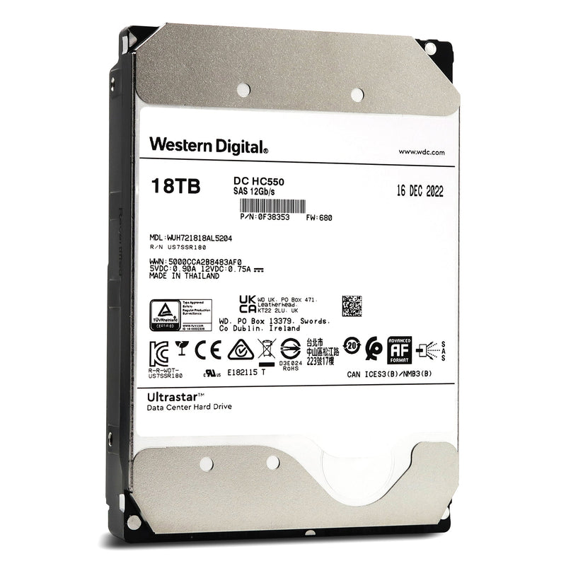 Western Digital Ultrastar DC HC550 WUH721818AL5204 0F38353 18TB 7.2K RPM SAS 12Gb/s 512e 3.5in Hard Drive - Front View