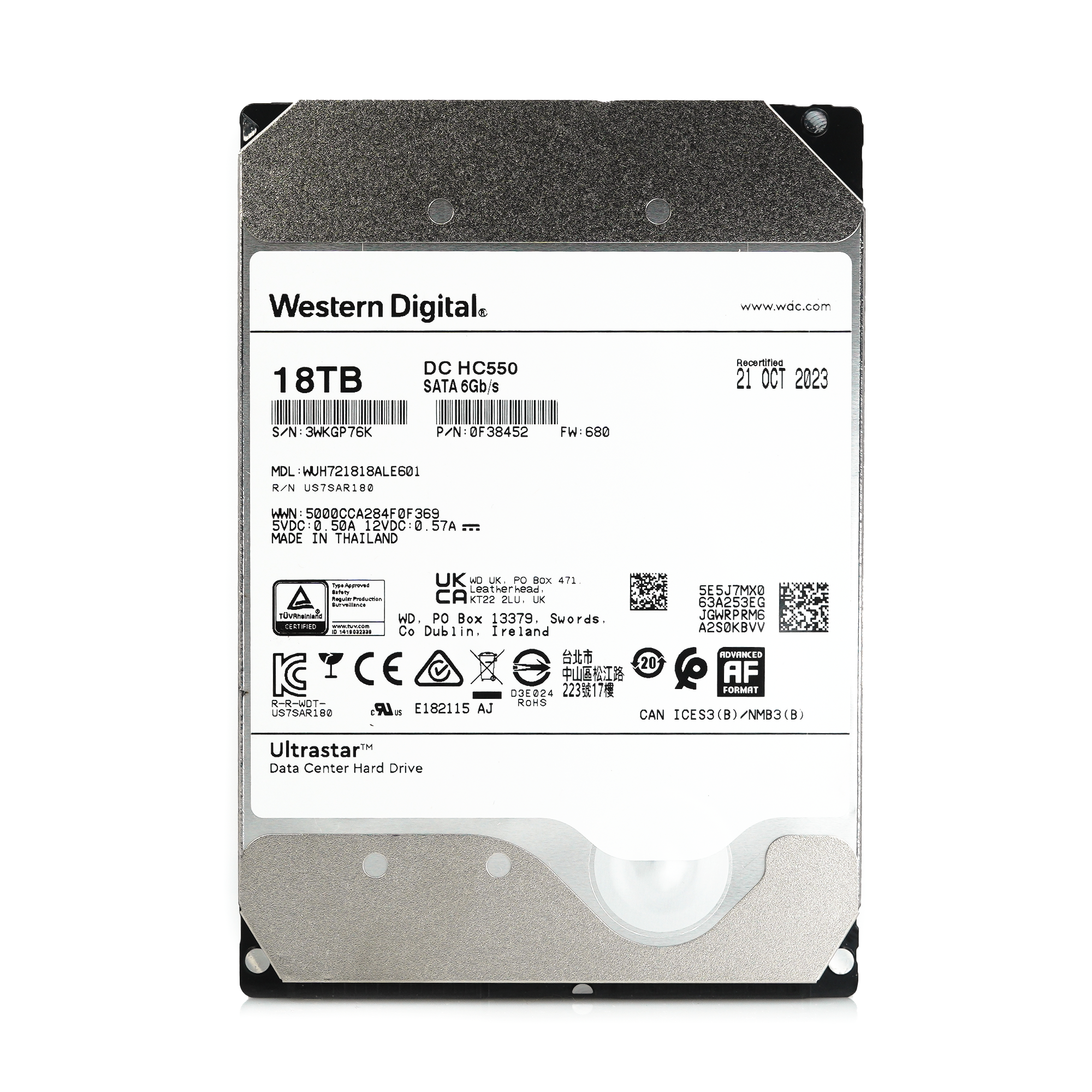 Western Digital Ultrastar DC HC550 WUH721818ALE601 0F38452 18TB 7.2K RPM SATA 6Gb/s 512e TCG-Enterprise SED Power Disable 3.5in Recertified Hard Drive - Front View