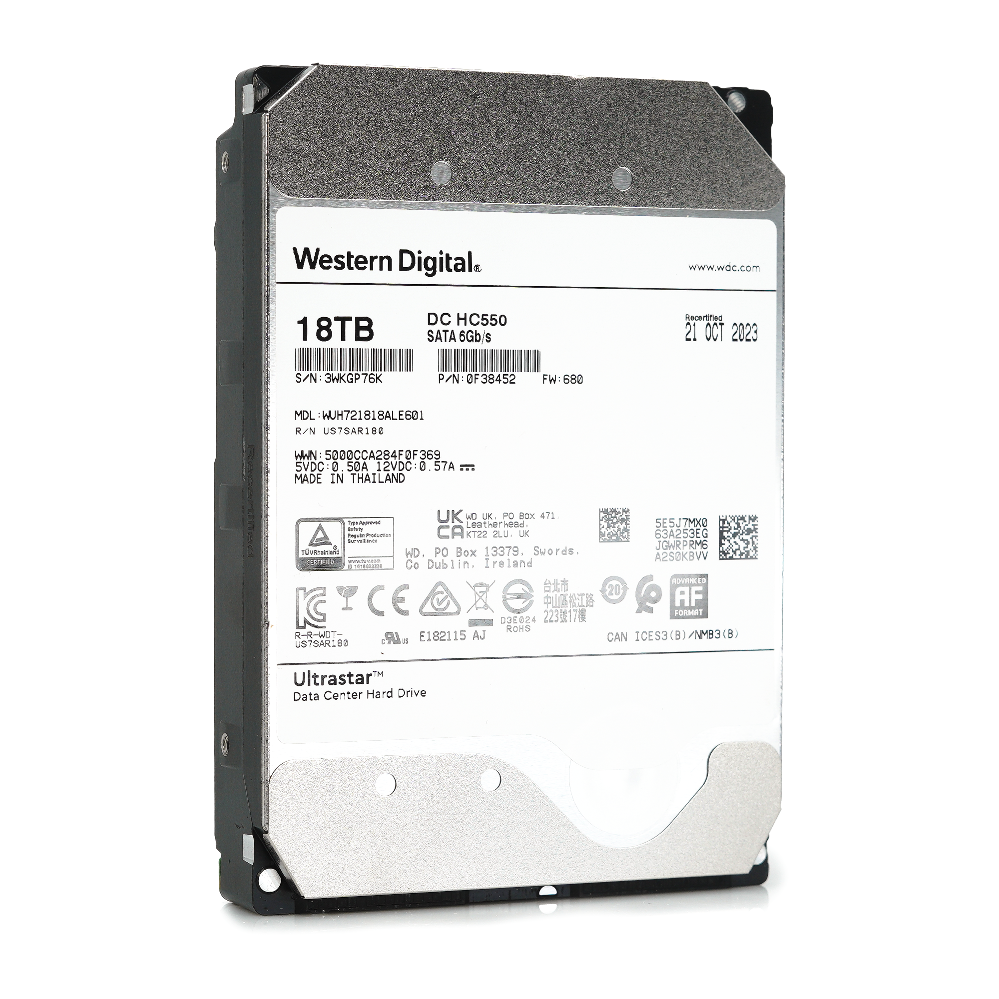 Western Digital Ultrastar DC HC550 WUH721818ALE601 0F38452 18TB 7.2K RPM SATA 6Gb/s 512e TCG-Enterprise SED Power Disable 3.5in Recertified Hard Drive - Front Angle View