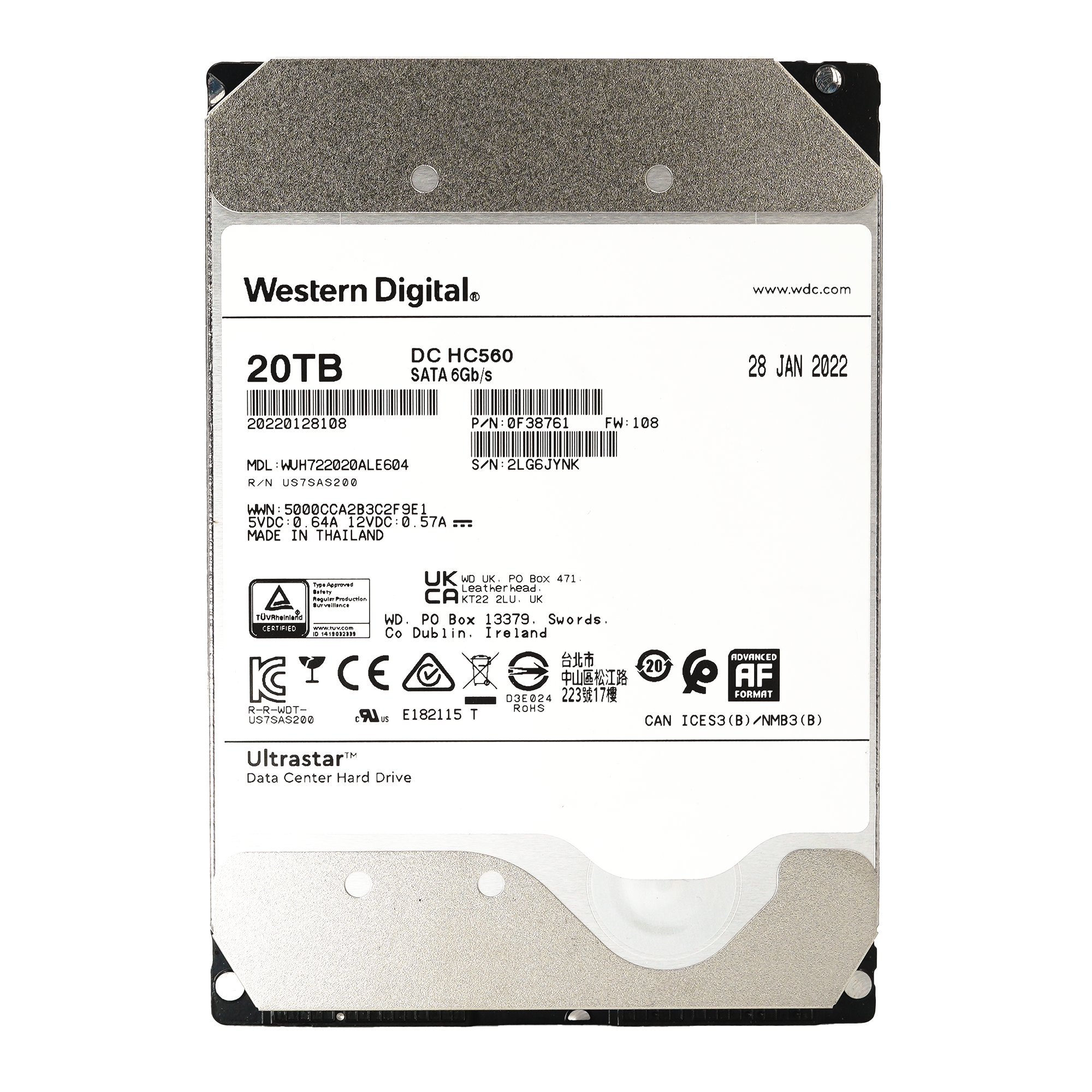 Western Digital Ultrastar HC560 WUH722020ALE604 0F38761 20TB 7.2K RPM SATA 6Gb/s 512e 3.5in Refurbished HDD - Front View