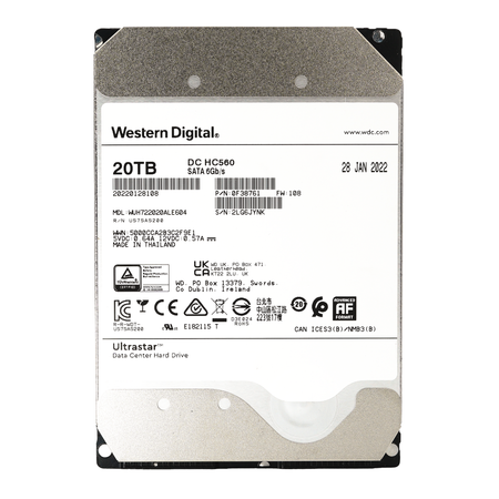 Western Digital Ultrastar HC560 WUH722020ALE604 0F38761 20TB 7.2K RPM Power Disable SATA 6Gb/s 512e 3.5in Hard Drive - Front View
