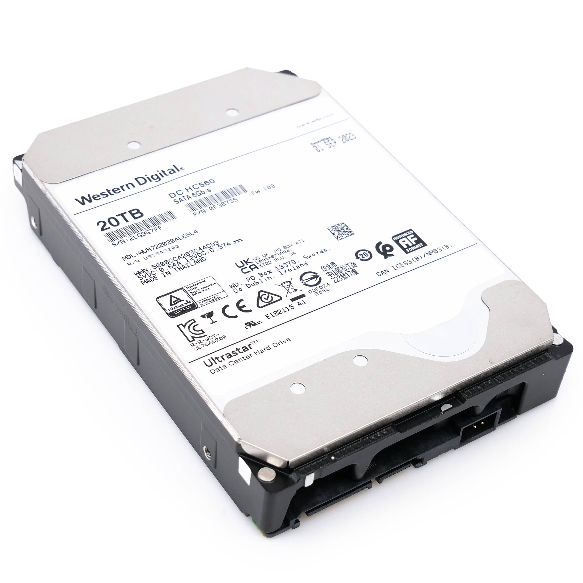 Western Digital Ultrastar DC HC560 WUH722020ALE6L4 20TB 7.2K RPM SATA 6Gb/s 3.5in Recertified Hard Drive flat