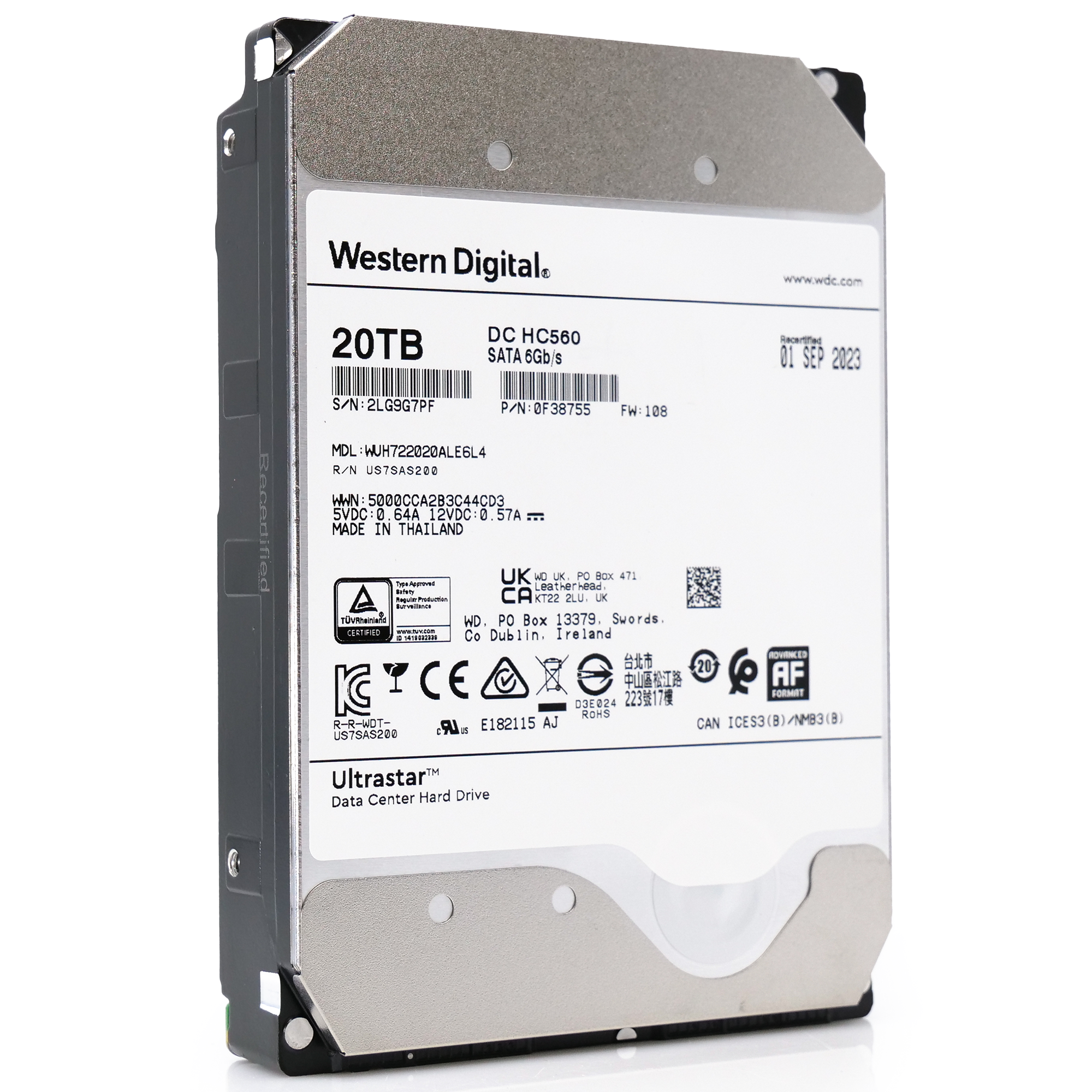 Western Digital Ultrastar DC HC560 WUH722020ALE6L4 20TB 7.2K RPM SATA 6Gb/s 3.5in Recertified Hard Drive angle