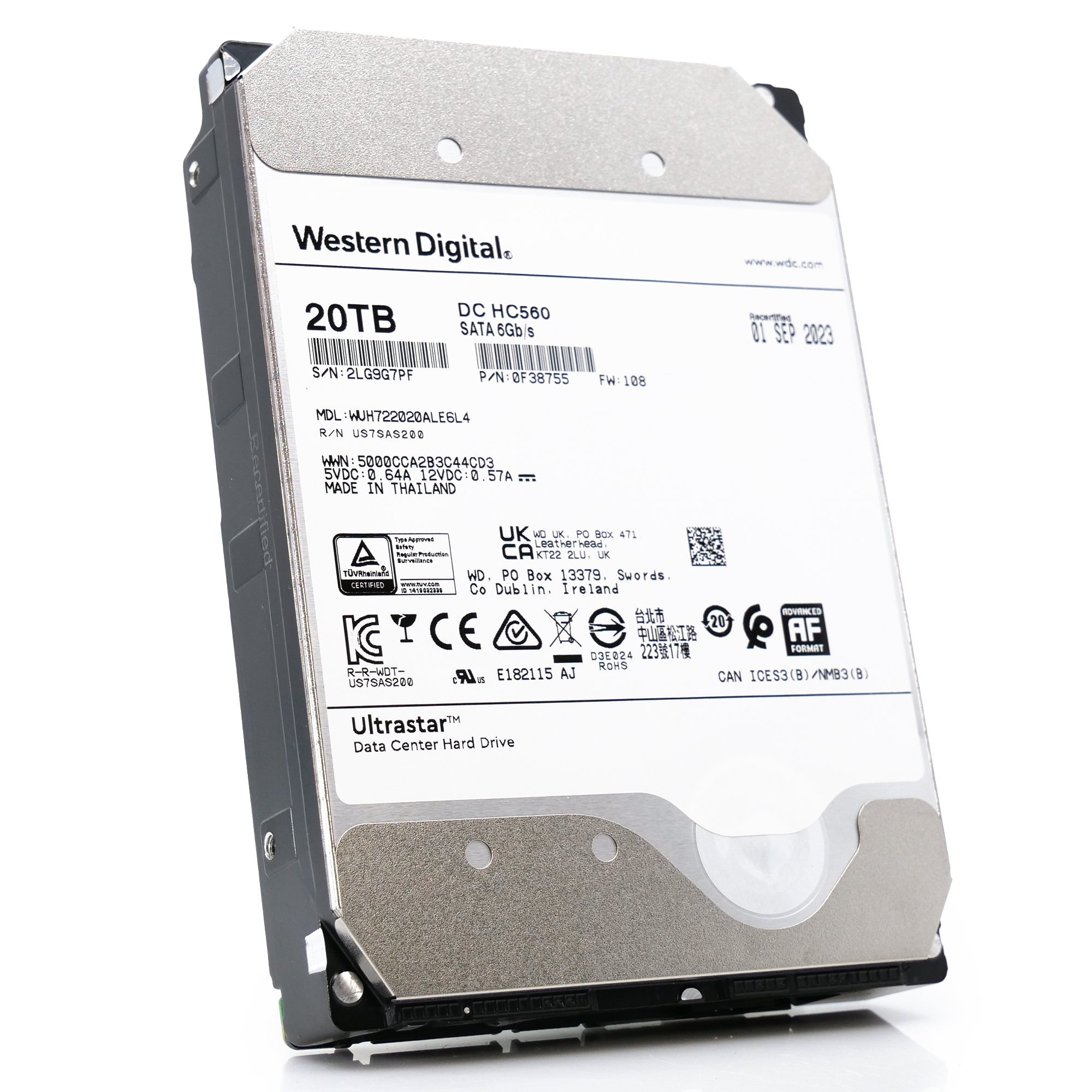 Western Digital Ultrastar DC HC560 WUH722020ALE6L4 20TB 7.2K RPM SATA 6Gb/s 3.5in Recertified Hard Drive angle front 2