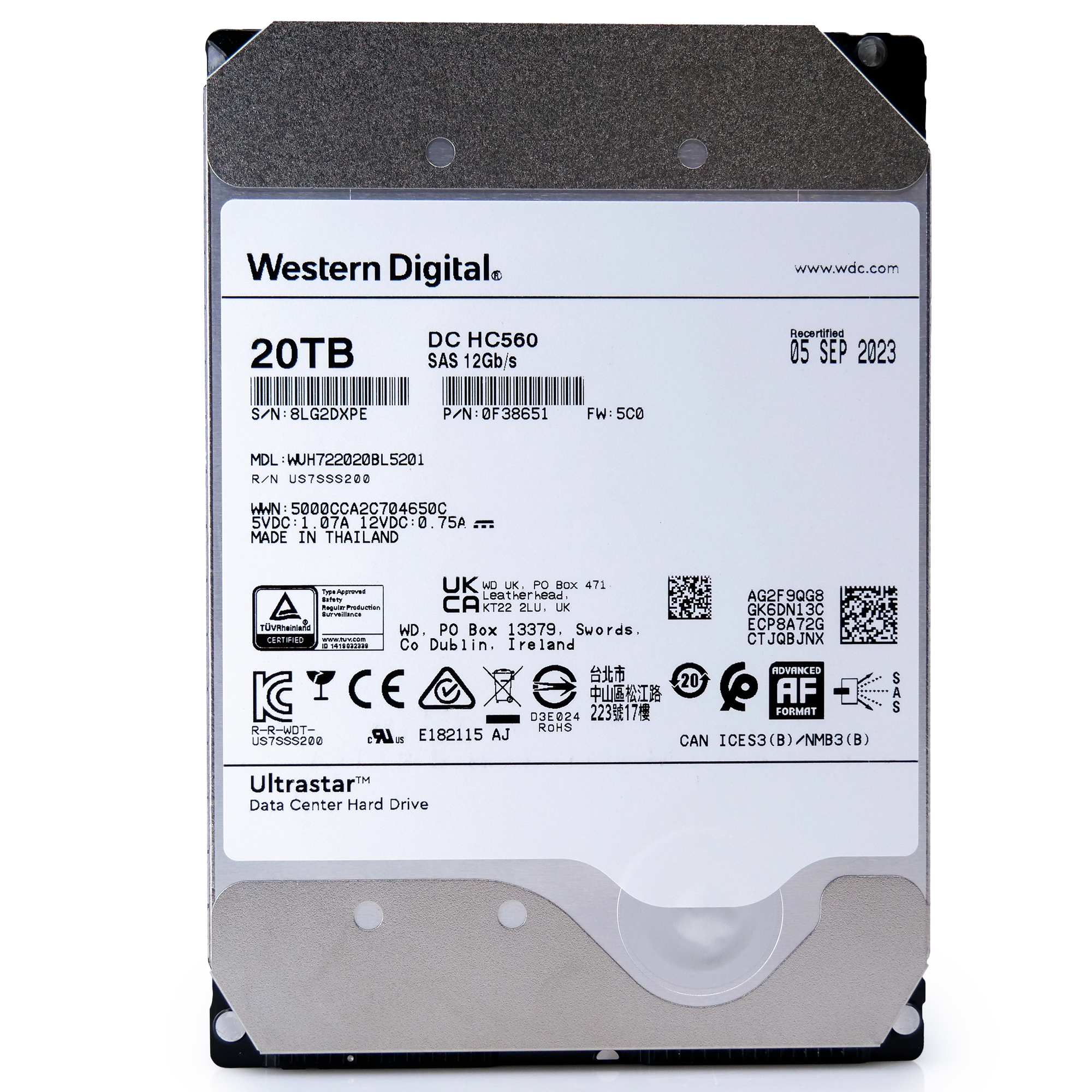 Western Digital Ultrastar HC560 WUH722020BL5201 0F38651 20TB 7.2K RPM SAS 12Gb/s 512e/4Kn 3.5in Recertified Hard Drive