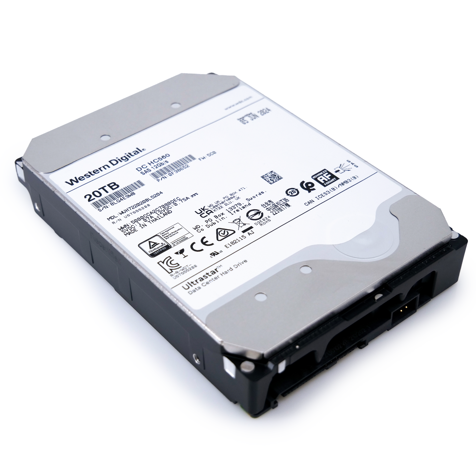 Western Digital Ultrastar HC560 WUH722020BL5204 0F38652 20TB 7.2K RPM SAS 12Gb/s 512e/4Kn 3.5in Recertified Hard Drive