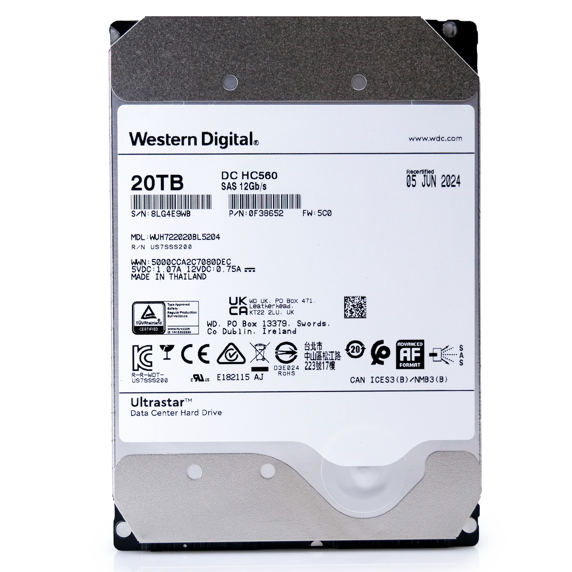 Western Digital Ultrastar HC560 WUH722020BL5204 0F38652 20TB 7.2K RPM SAS 12Gb/s 512e/4Kn 3.5in Recertified Hard Drive