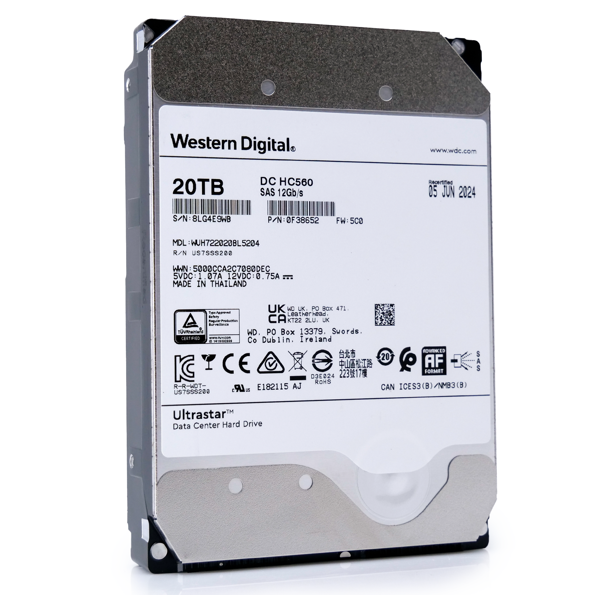 Western Digital Ultrastar HC560 WUH722020BL5204 0F38652 20TB 7.2K RPM SAS 12Gb/s 512e/4Kn 3.5in Recertified Hard Drive